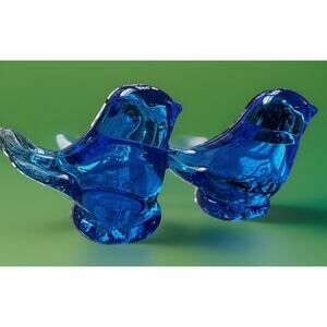 Unsigned | Murano Style | Unsigned Pair Blue Birds Of Happiness | Art Glass Gift